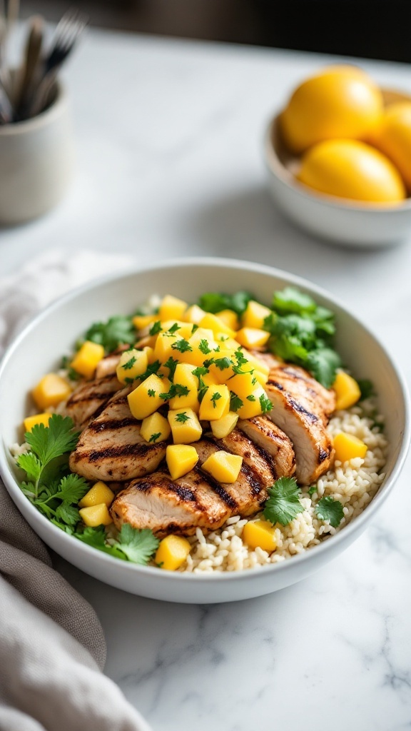 A delicious Mango Salsa Chicken Bowl with cilantro rice, featuring grilled chicken topped with fresh mango salsa.