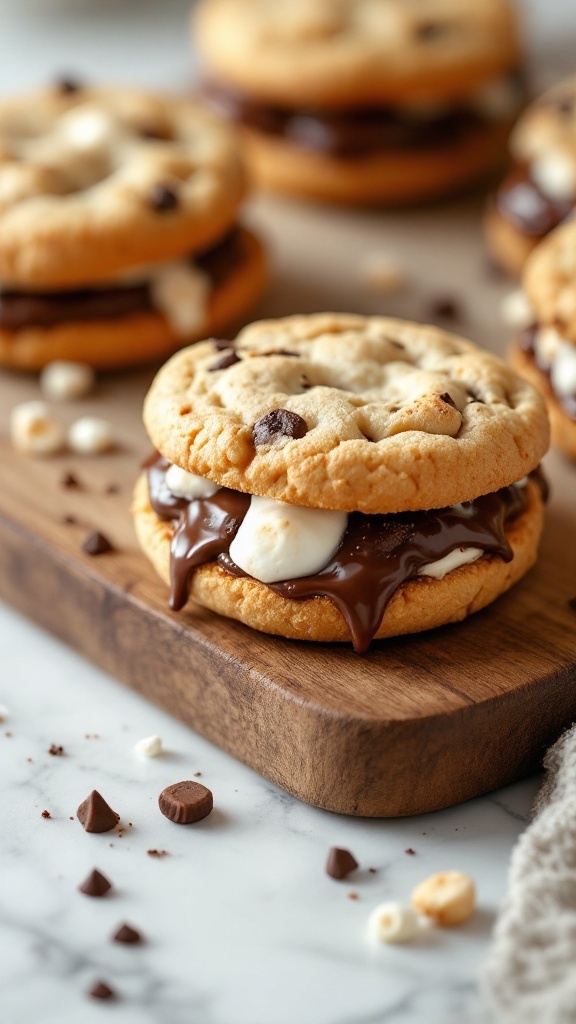 Delicious marshmallow-stuffed cookie sandwiches on a wooden board.