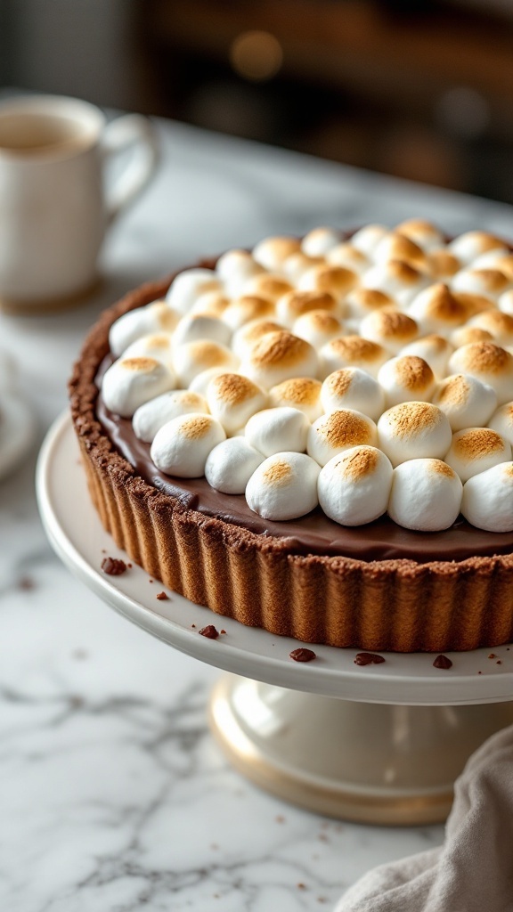 A delicious marshmallow and chocolate tart with toasted marshmallows on top.