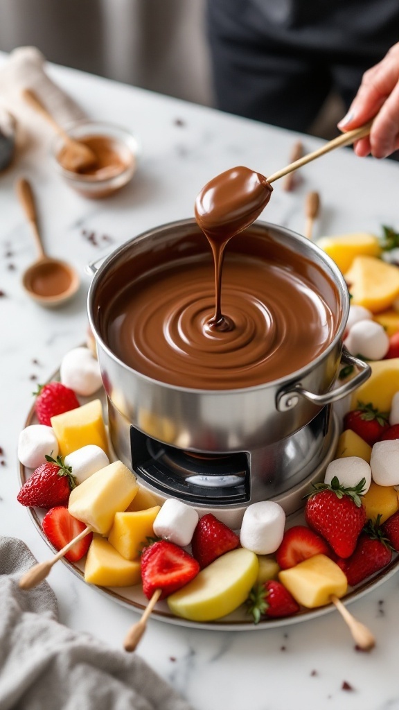 A pot of melted chocolate fondue surrounded by marshmallows and fresh fruits.