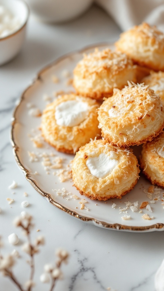 Coconut macaroons on a plate with a light background