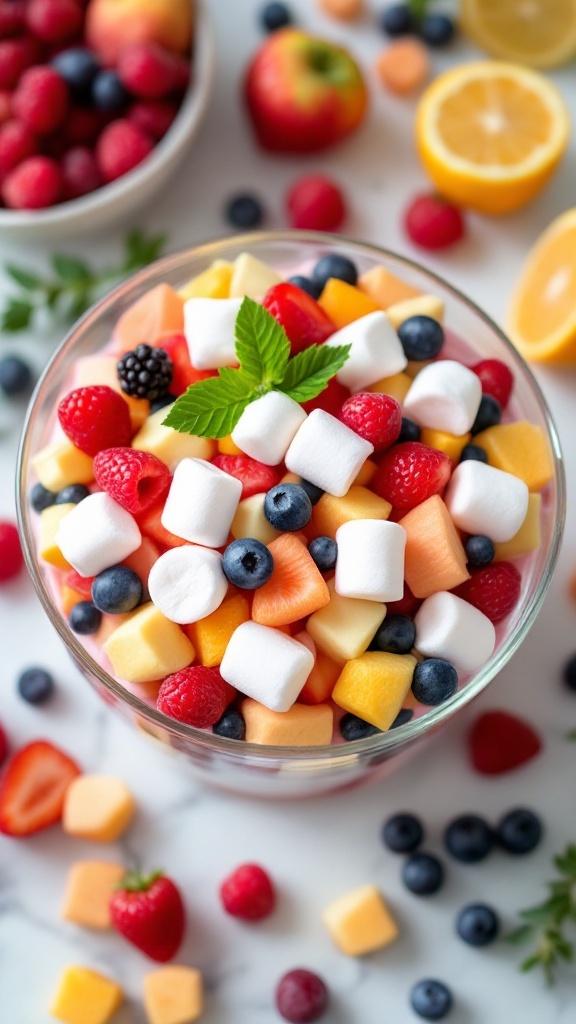 A colorful bowl of marshmallow fruit salad with various fresh fruits and marshmallows.