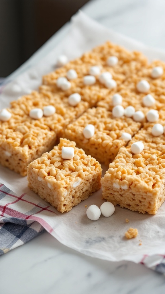 Delicious marshmallow rice crispy treats cut into squares