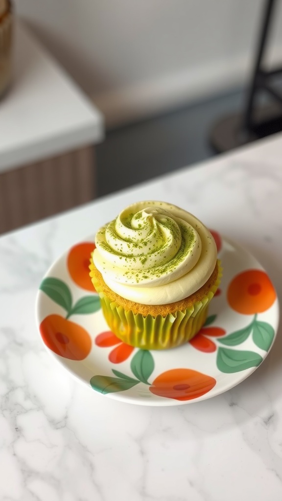 Matcha green tea cupcake on a colorful plate