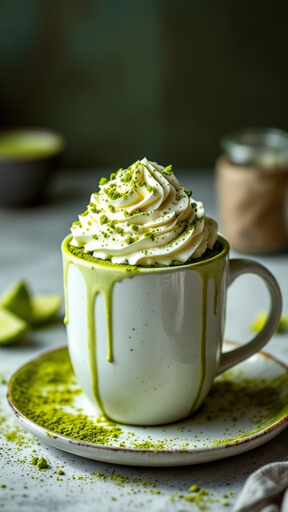 A delicious matcha green tea mug cake topped with whipped cream and a sprinkle of matcha powder.