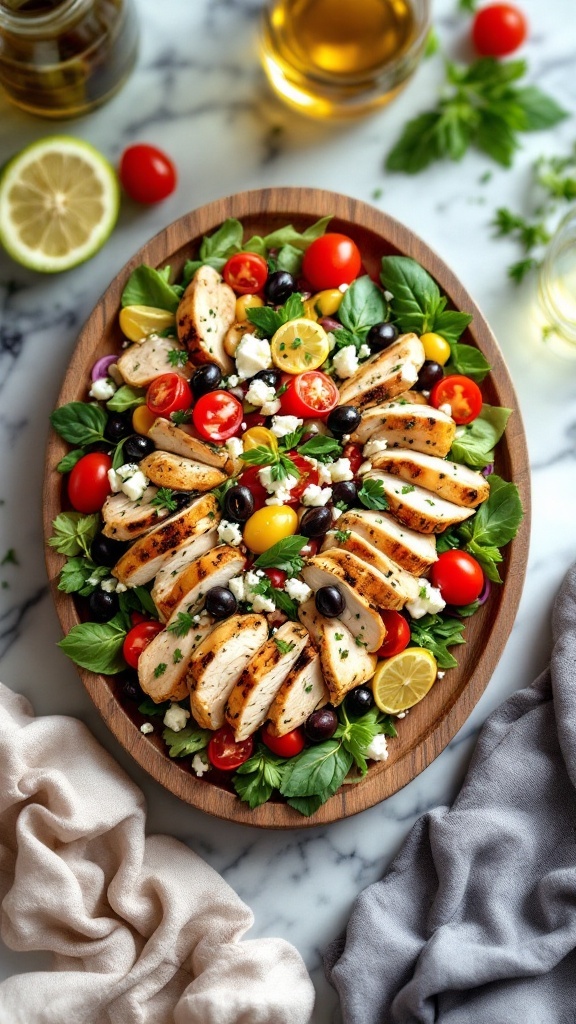 A colorful Mediterranean chicken salad featuring grilled chicken, feta cheese, olives, cherry tomatoes, and fresh greens.