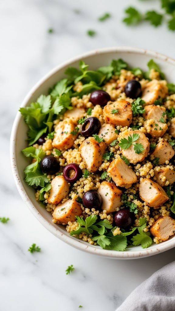 A bowl of Mediterranean quinoa chicken salad with diced chicken, quinoa, olives, and fresh herbs.