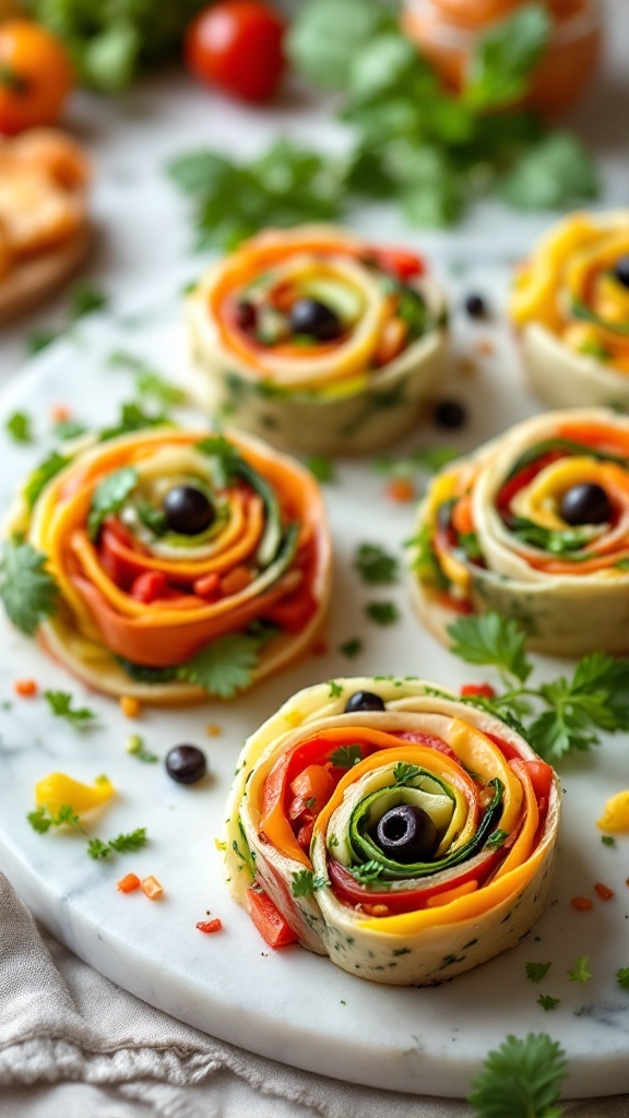 Colorful Mediterranean Veggie Pinwheels arranged on a serving platter