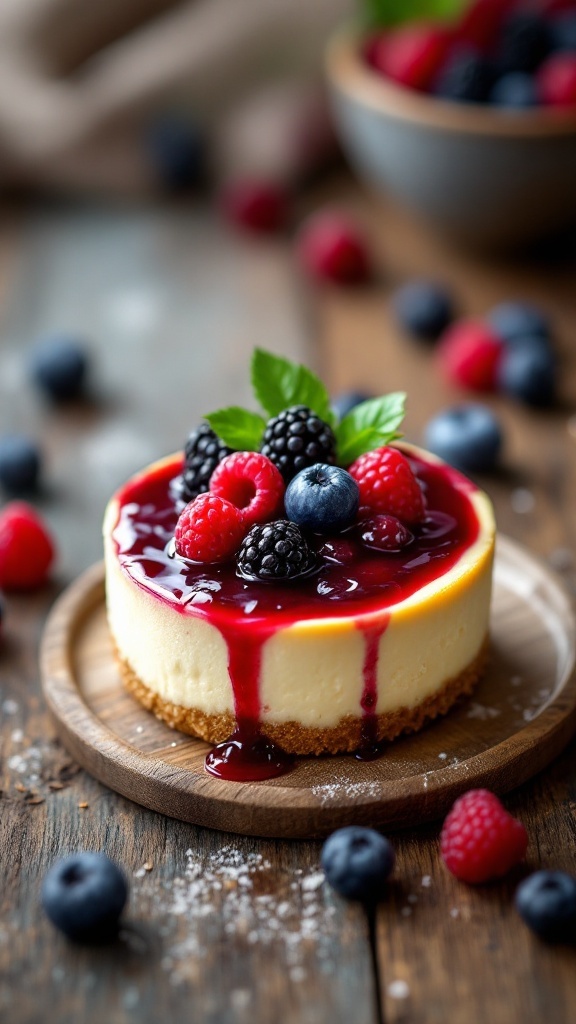 Delicious mini cheesecake topped with berry compote and fresh berries