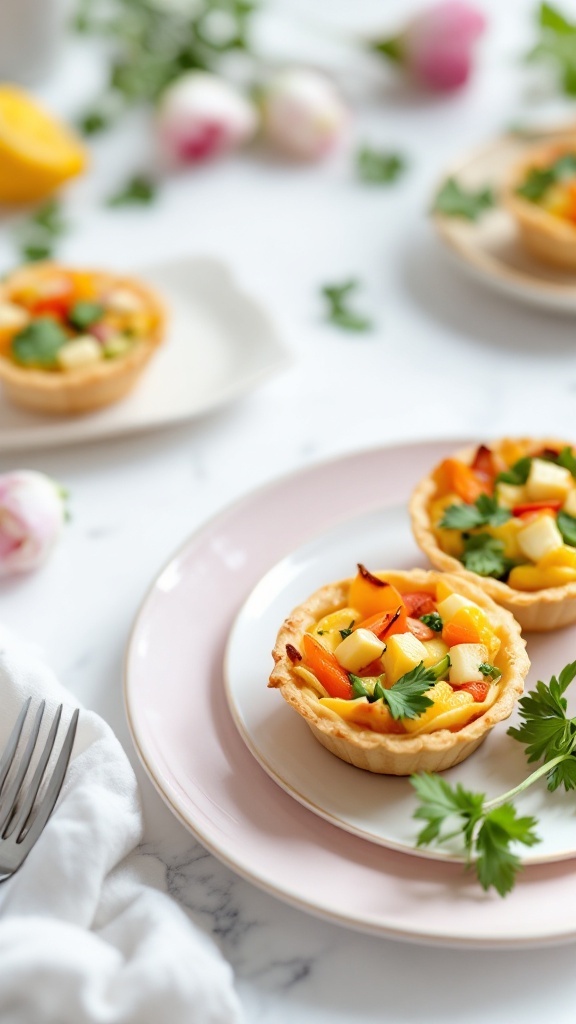 Mini quiches filled with colorful spring vegetables.