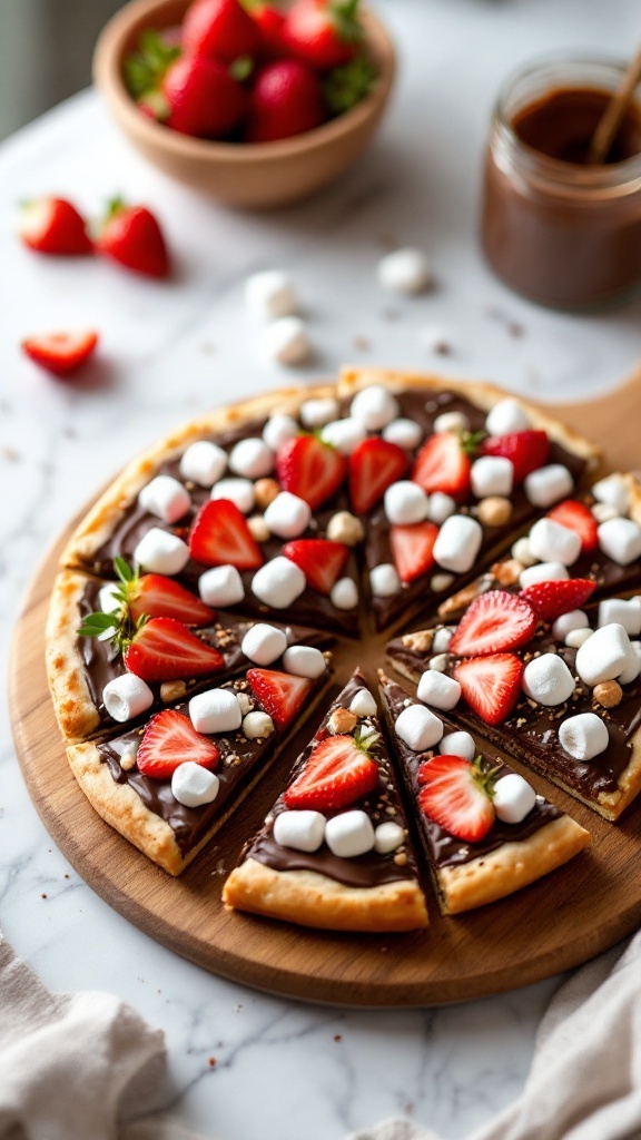 A delicious Nutella marshmallow pizza topped with strawberries and mini marshmallows.