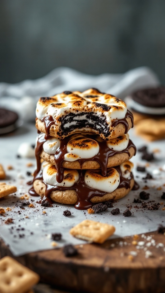 Stack of Oreo S'mores Cookies with marshmallows and chocolate dripping