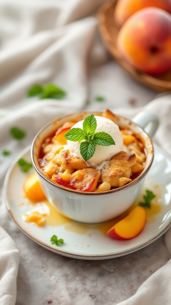 A cup of peach cobbler topped with ice cream and mint leaves