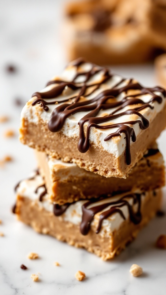 Delicious peanut butter marshmallow bars drizzled with chocolate.