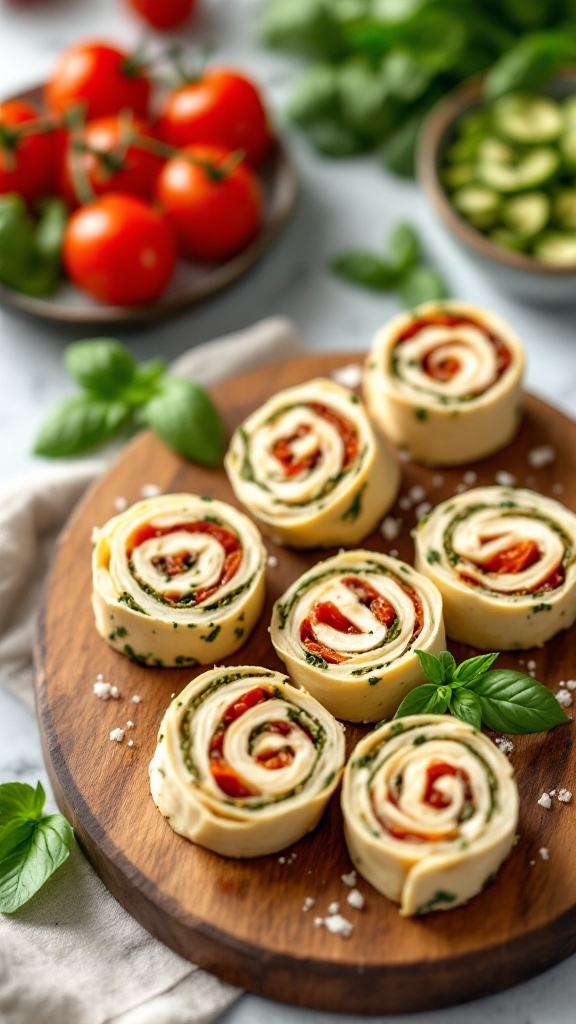 Delicious pesto and sun-dried tomato pinwheels arranged on a wooden platter