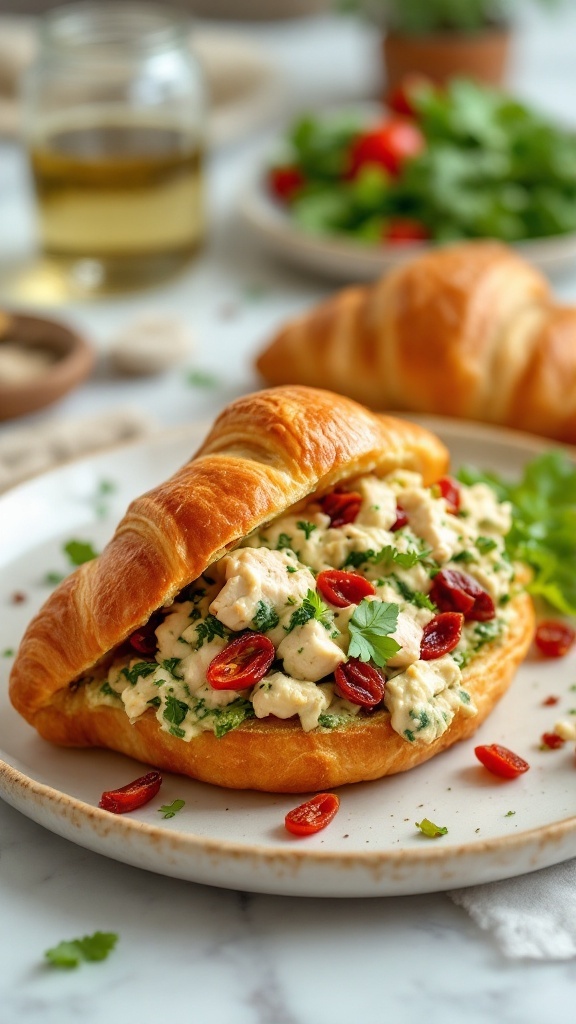 A delicious croissant filled with pesto chicken salad and sun-dried tomatoes.