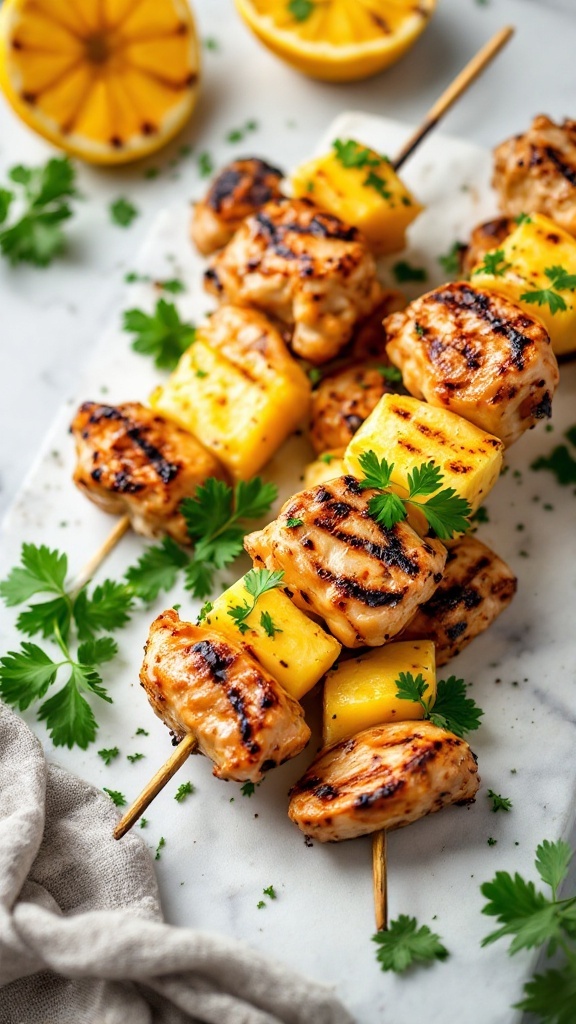 Pineapple and chicken kabobs served with cilantro garnish