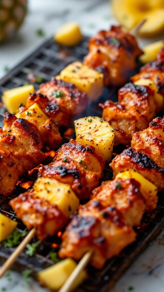 Delicious pineapple BBQ chicken skewers on a grill