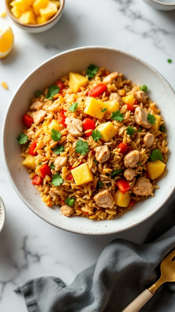 A bowl of pineapple chicken fried rice with chunks of pineapple and diced chicken, garnished with cilantro.