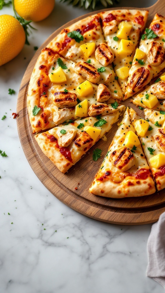 Pineapple chicken pizza on a wooden board with pineapple chunks and fresh herbs.