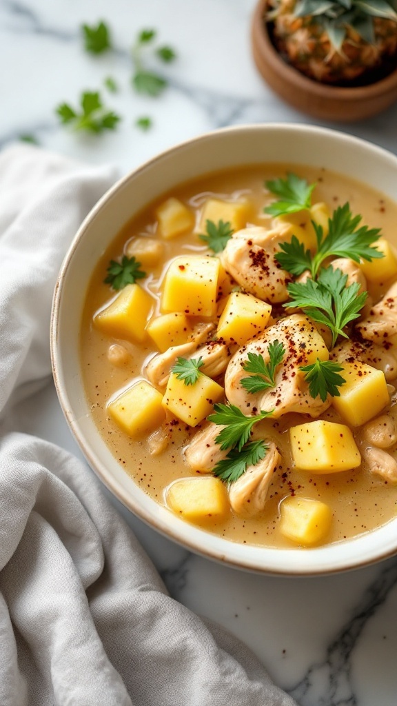 Bowl of pineapple chicken soup with diced chicken and pineapple