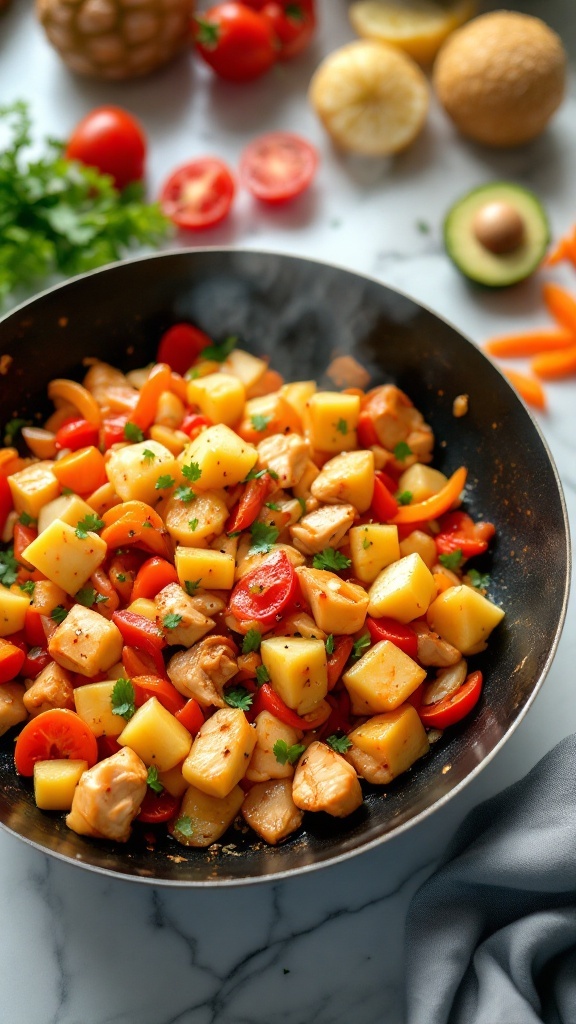 A colorful dish of chicken pineapple stir-fry with vegetables