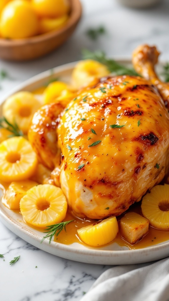 A beautifully glazed roast chicken surrounded by pineapple rings