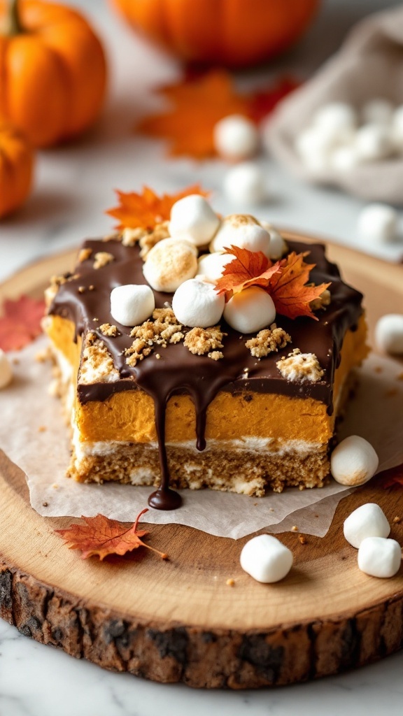 Delicious pumpkin s'mores bar with chocolate and marshmallows