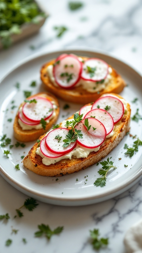 Radish and Herb Butter Crostini on a plate