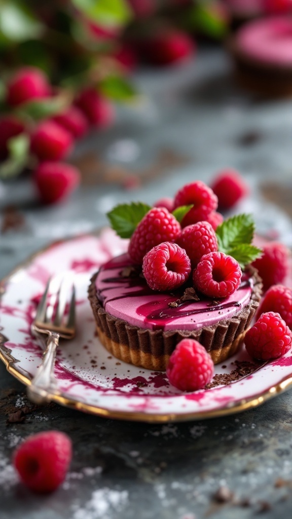 A delicious raspberry chocolate tartlet topped with fresh raspberries and mint.