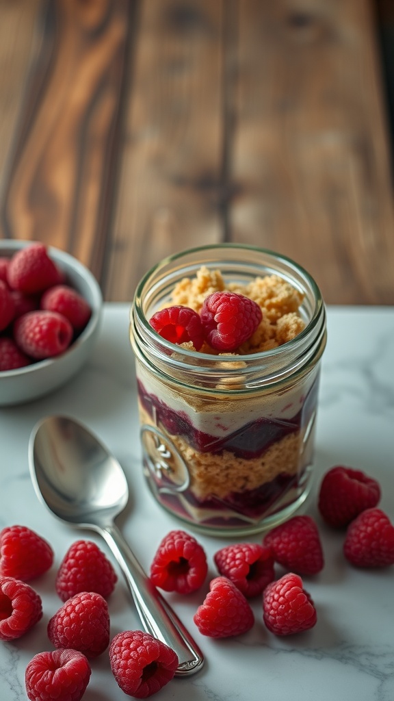 A jar filled with layers of raspberry crumble, fresh raspberries on the side.