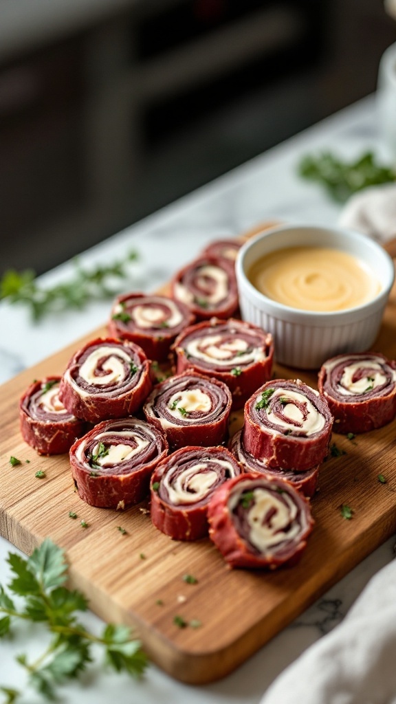 Roast beef and horseradish pinwheels on a wooden board with a creamy dip.