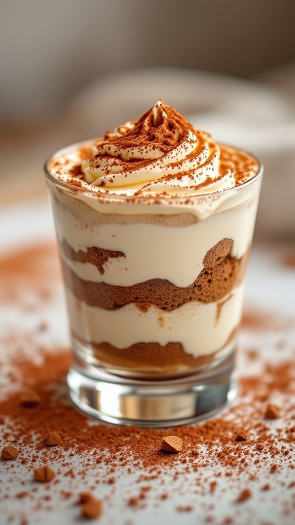 A delicious single serve tiramisu dessert layered with coffee-soaked ladyfingers and mascarpone cream.