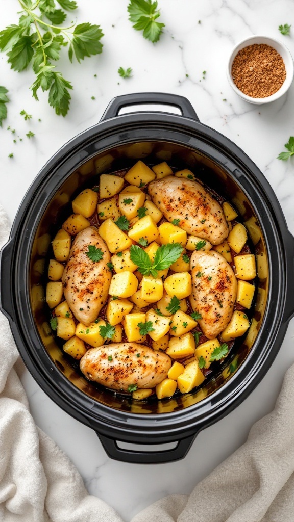 A slow cooker filled with pineapple chicken and diced pineapple.