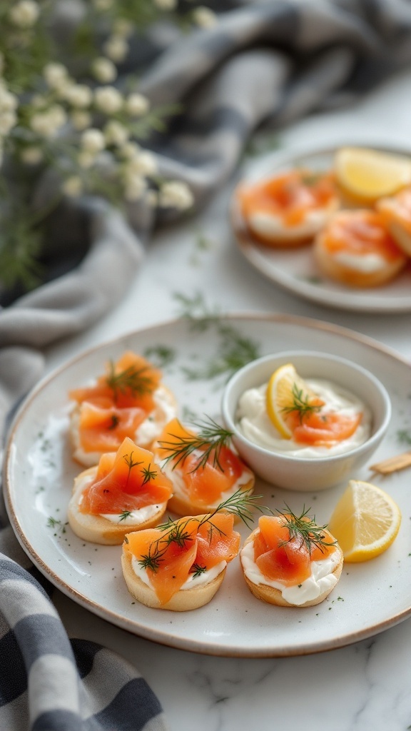 Delicious smoked salmon and cream cheese bites garnished with dill and lemon