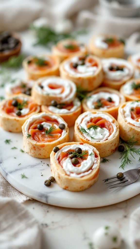 Delicious smoked salmon and cream cheese rolls arranged on a platter.