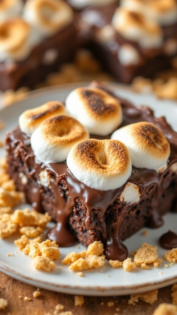 Delicious S'mores brownies topped with toasted marshmallows and crushed graham crackers.