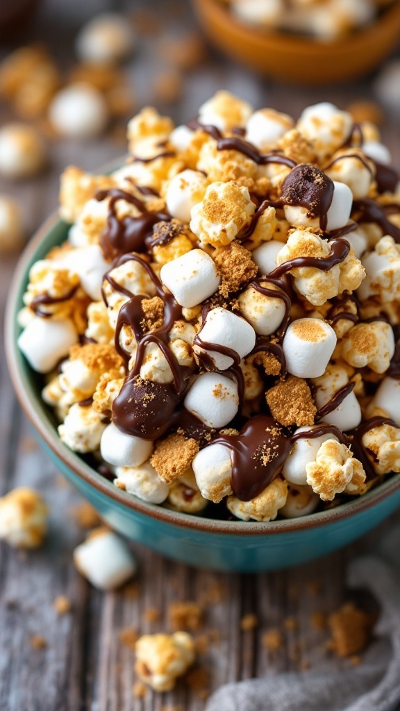 A bowl of S'mores Popcorn topped with chocolate, marshmallows, and graham cracker crumbs.