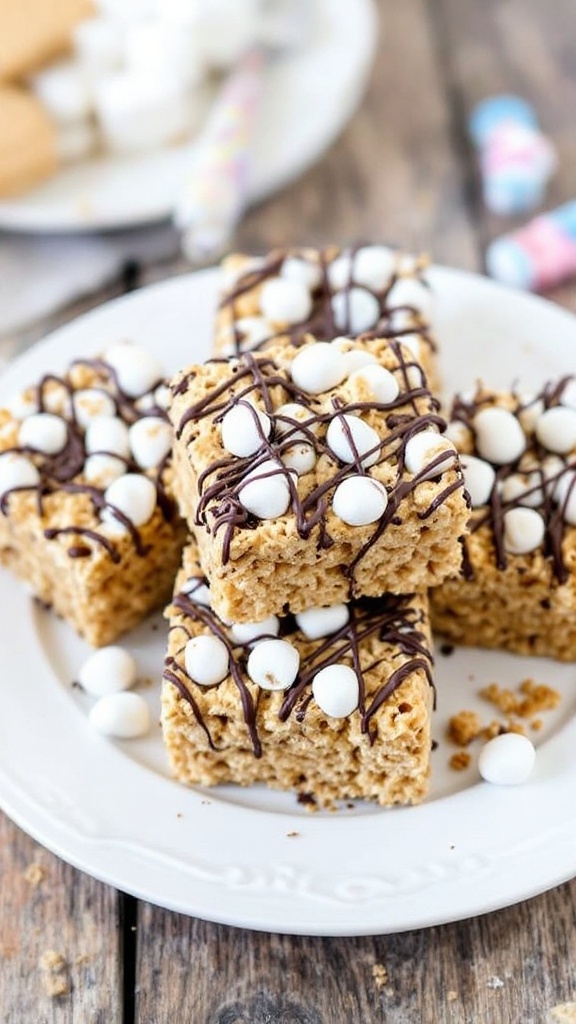 A delicious plate of S'mores Rice Krispies treats topped with chocolate drizzle and mini marshmallows