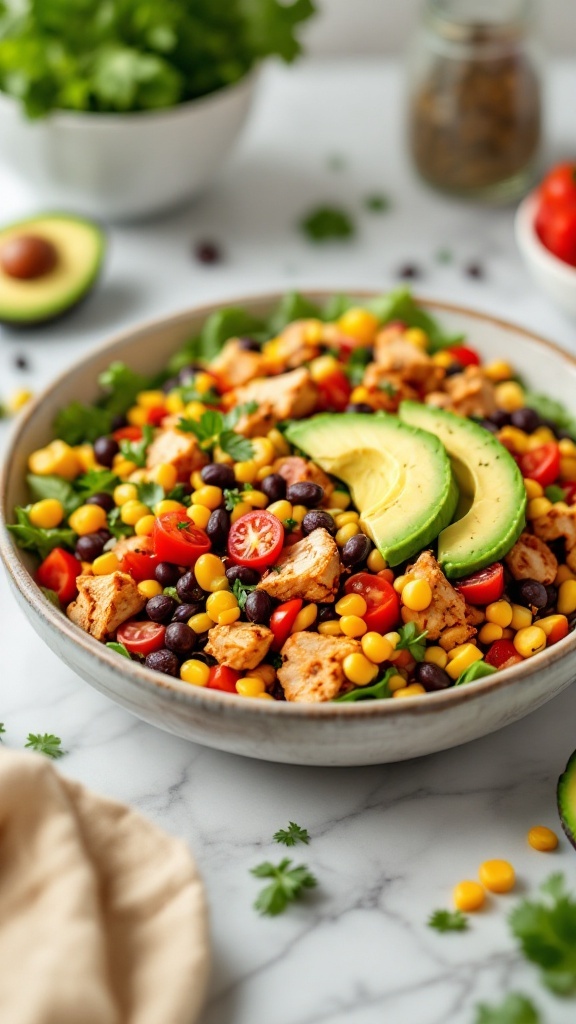 A colorful bowl of Southwestern Chicken Salad featuring black beans, corn, cherry tomatoes, and avocado slices.