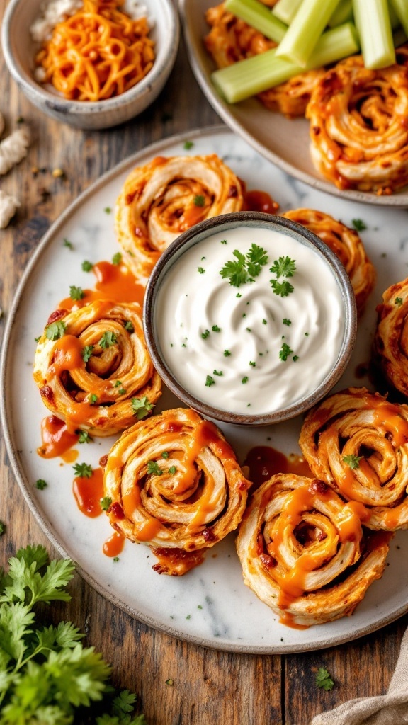 Spicy Buffalo Chicken Pinwheels with ranch dip and celery sticks