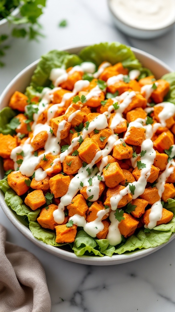 A spicy buffalo chicken salad with Greek yogurt dressing, served on a bed of greens.