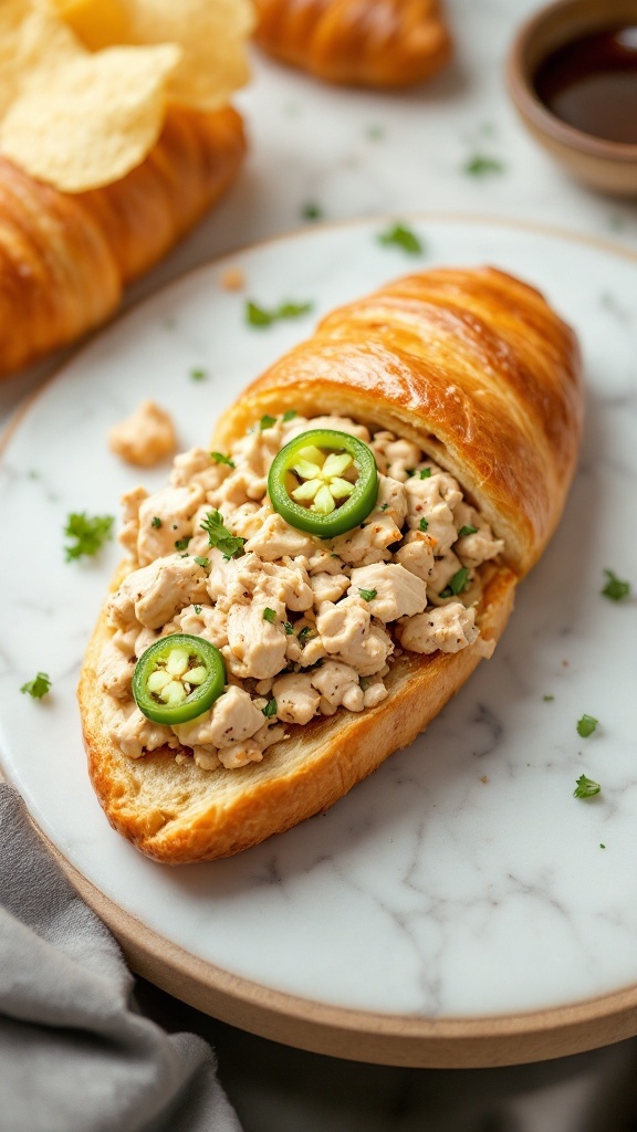 A croissant filled with spicy jalapeño chicken salad, garnished with jalapeño slices.