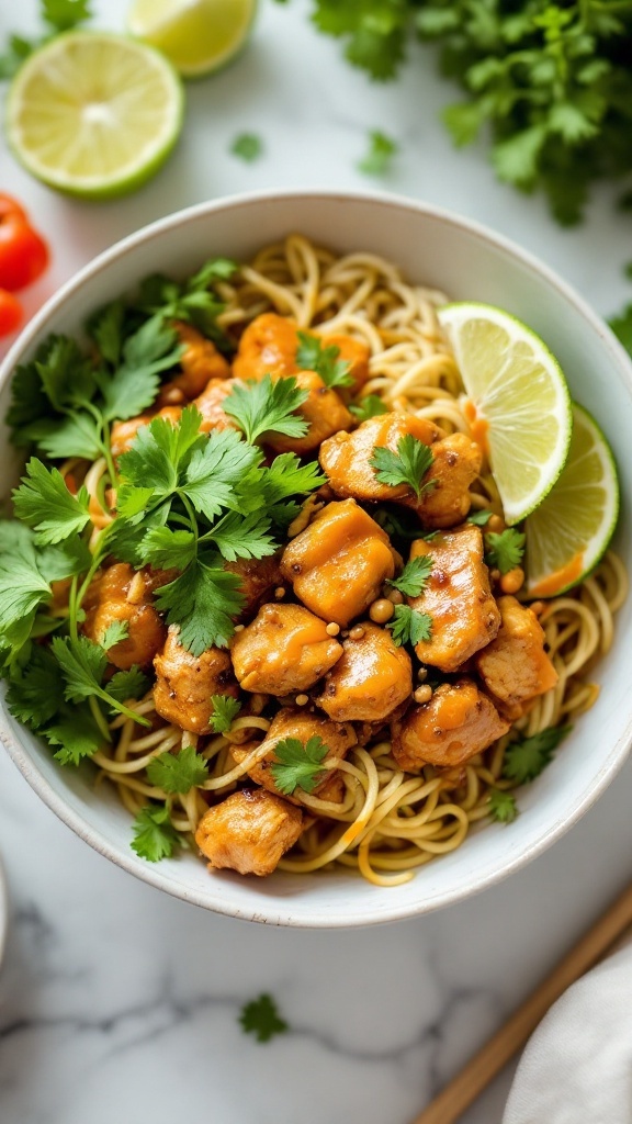 A bowl of spicy Thai chicken with noodles topped with cilantro and lime.