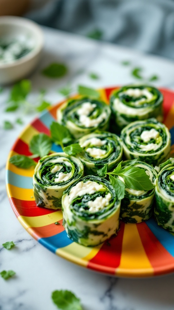 Spinach and feta pinwheels displayed on a colorful plate.