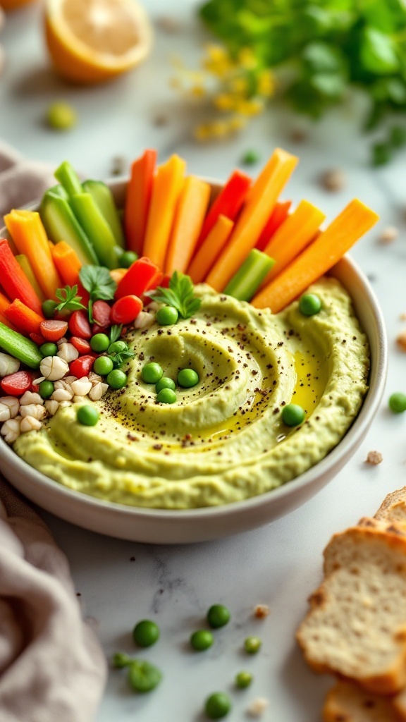 A bowl of vibrant spring pea hummus surrounded by colorful veggie sticks.