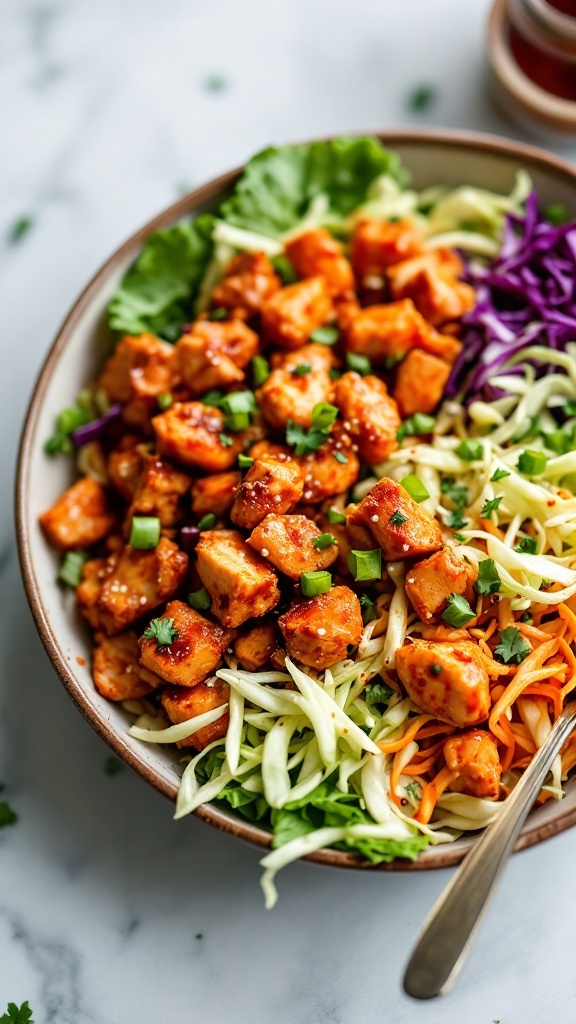 A vibrant and colorful Sriracha chicken bowl featuring spicy chicken, shredded cabbage, and carrots.