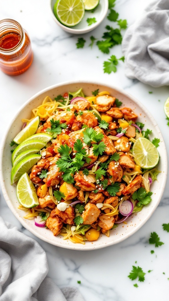 A vibrant Sriracha Lime Chicken Salad with colorful vegetables and lime wedges.