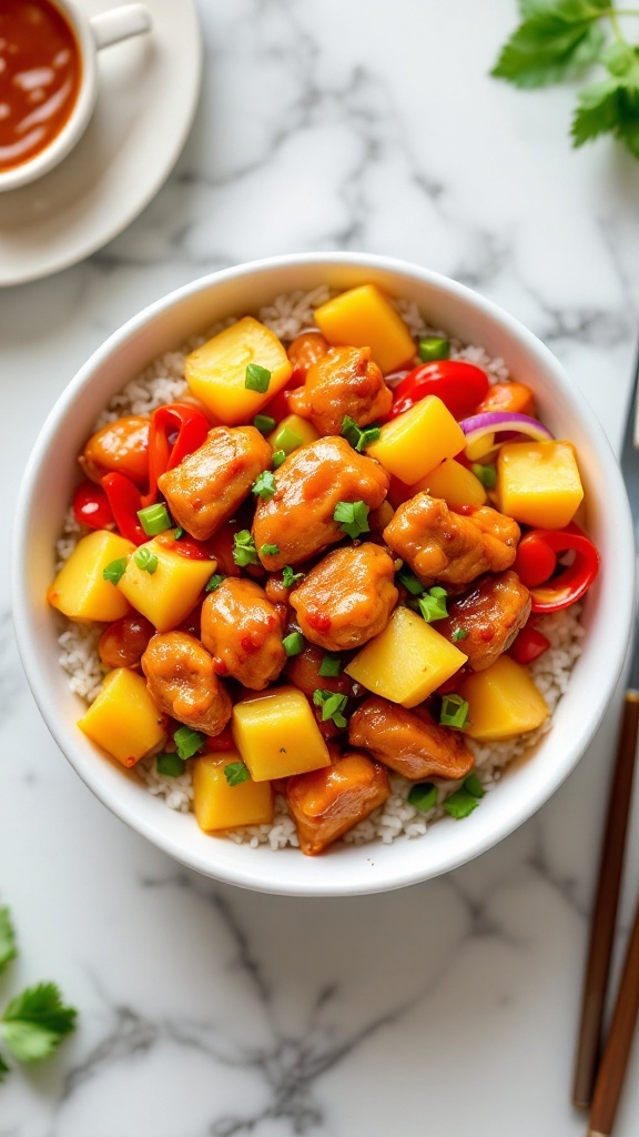 Bowl of sweet and sour chicken with pineapple, served over rice