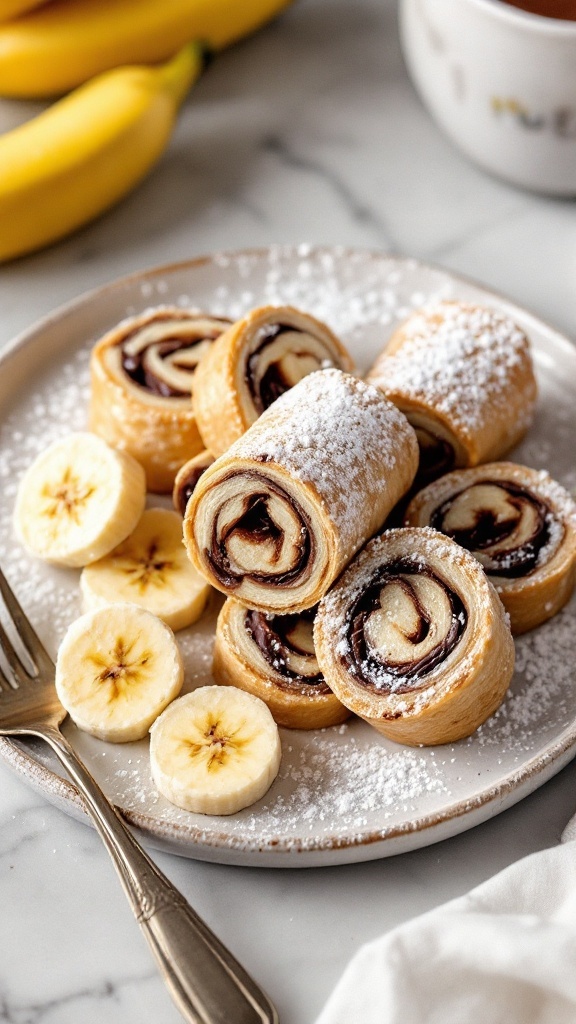 Sweet Nutella and Banana Pinwheels served on a plate with banana slices.